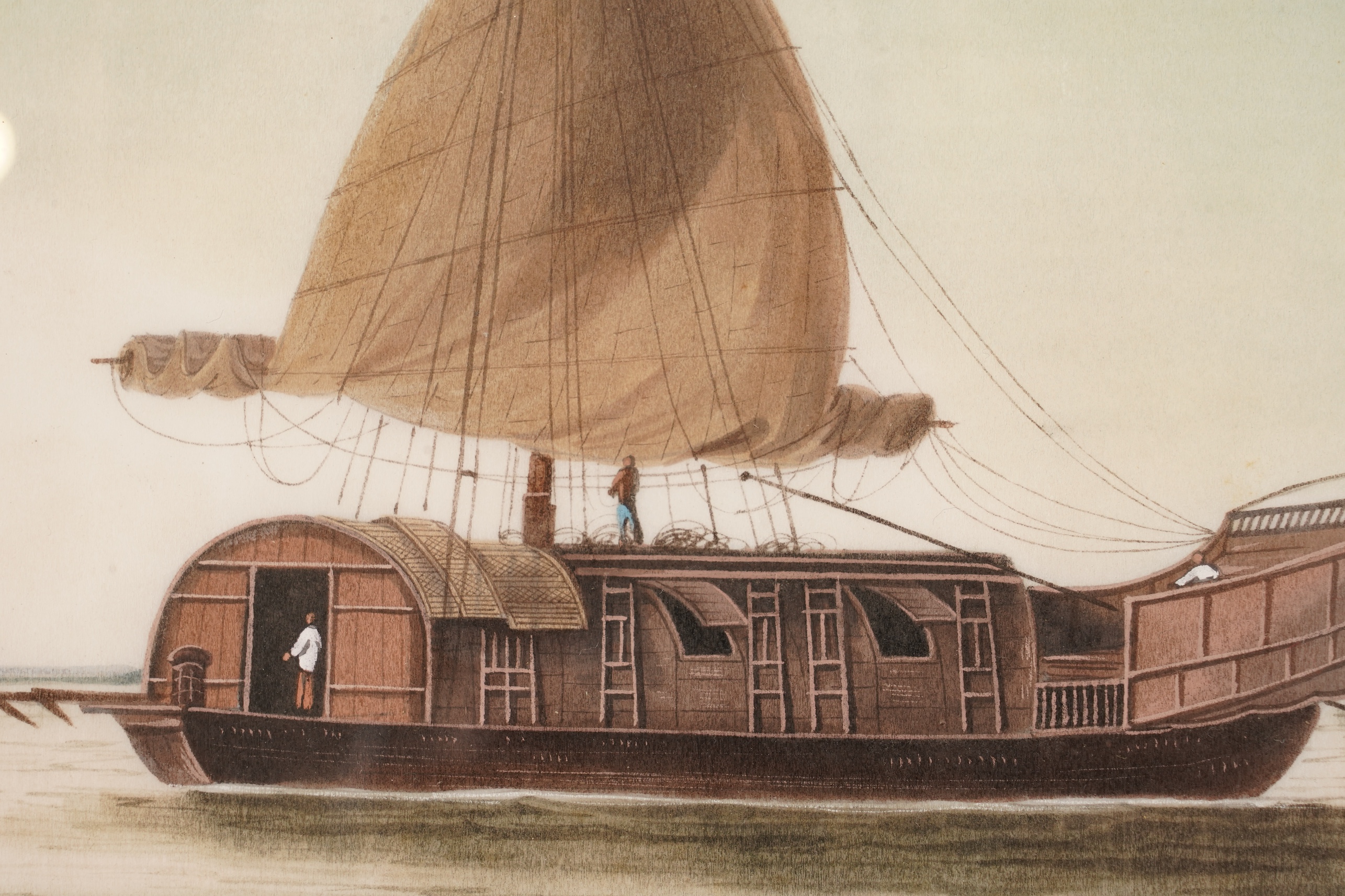Chinese School , (Mid 19th century), Chinese junk boats in landscapes, Watercolour on pith paper, Image 15cm x 22.5cm